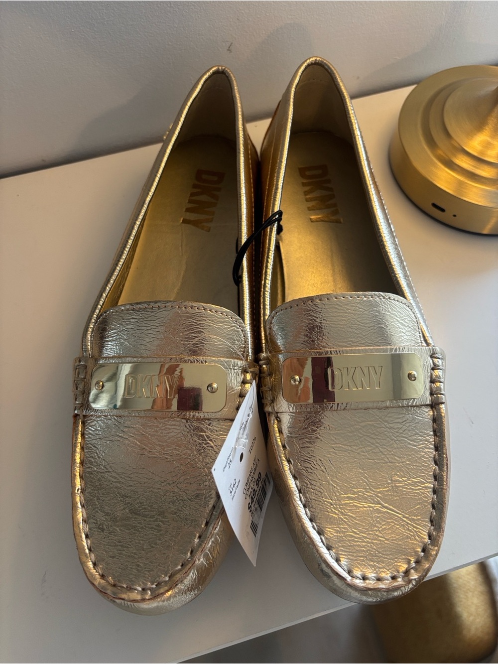 DKNY Metallic Gold Leather Driving Loafers